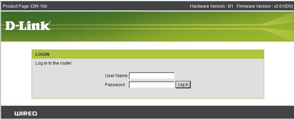 Приглашение маршрутизатора D-Link DIR-100 для ввода логина и пароля
